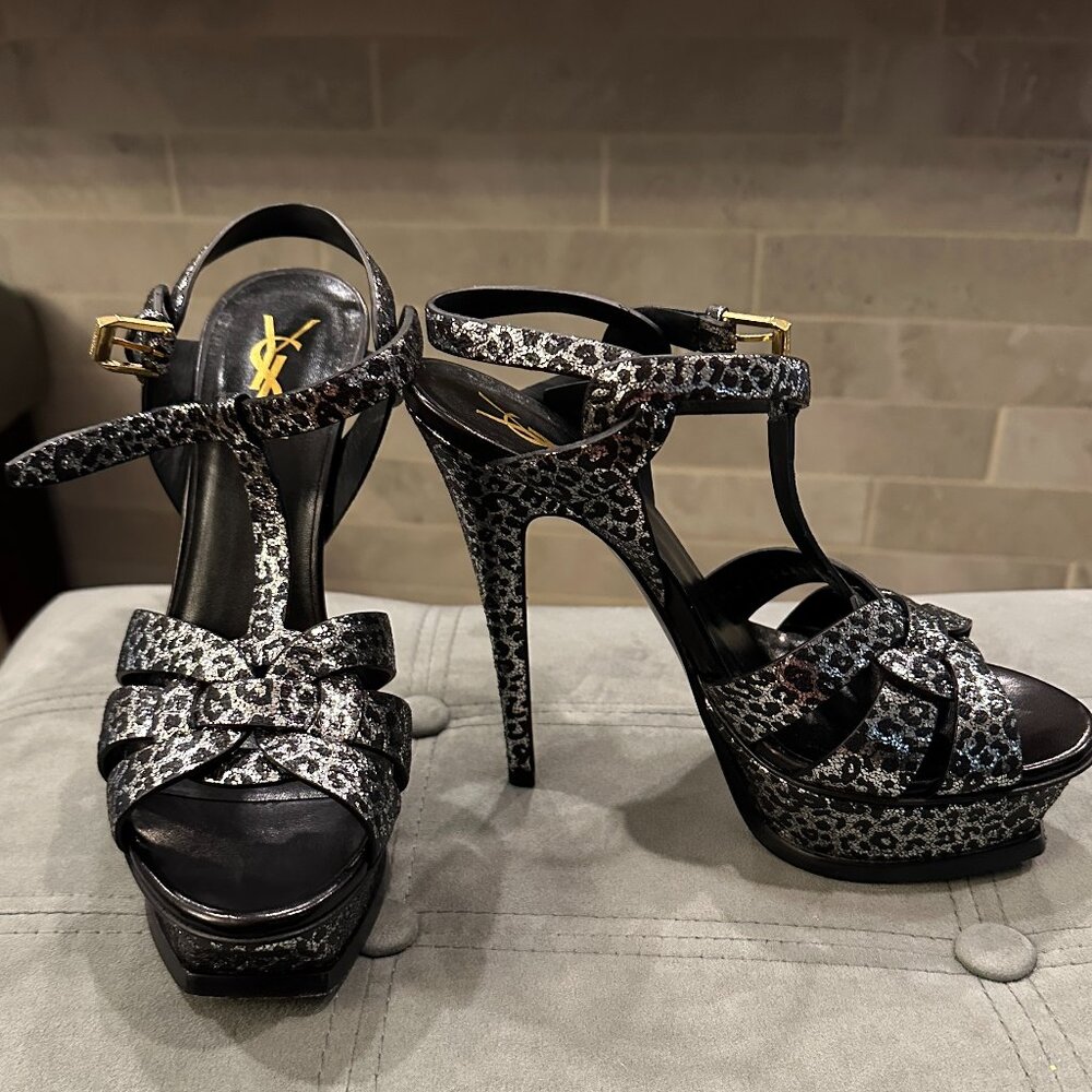 YSL Tribute Heels / Black & Silver Animal Print